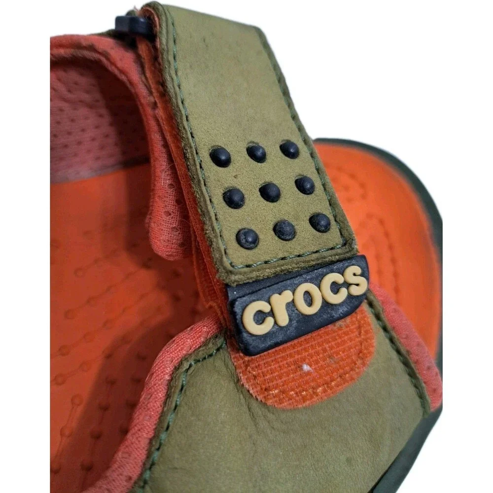 Crocs Tikali Mens 12 Suede Slip On Adjustable Sandals Trail Orange Green Straps